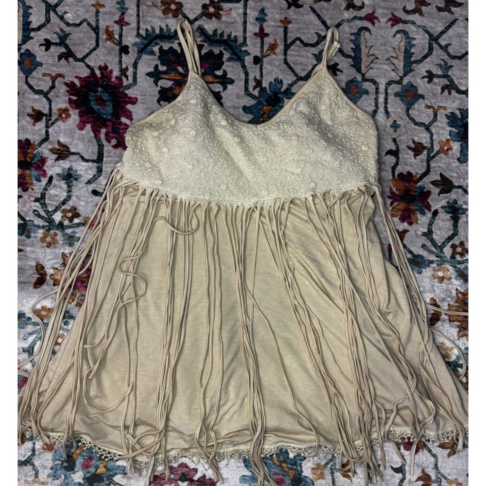 New POL Beige Color Fringe/Lace Tank Size Medium Boho Western‎ Style
